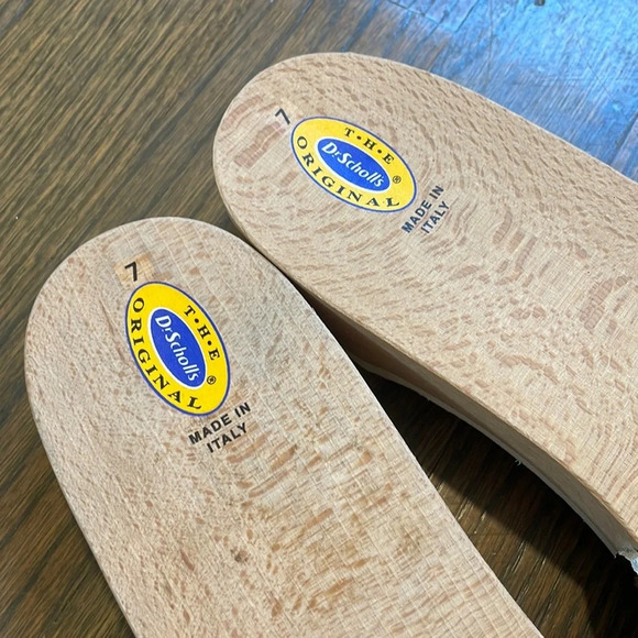 DR SCHOLLS Vintage 1980s black leather wooden The Original Sandal Exercise - Picture 6 of 14